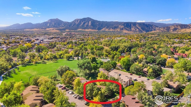 drone / aerial view featuring a mountain view