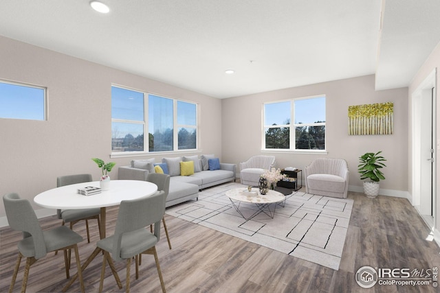 living room with light hardwood / wood-style flooring and a wealth of natural light