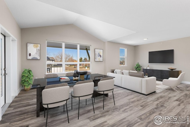 living room featuring wood-type flooring and lofted ceiling