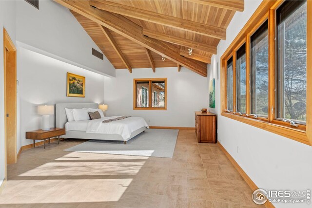 bedroom featuring beam ceiling, wood ceiling, and high vaulted ceiling