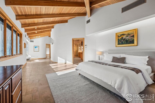 bedroom featuring beamed ceiling, connected bathroom, and wooden ceiling