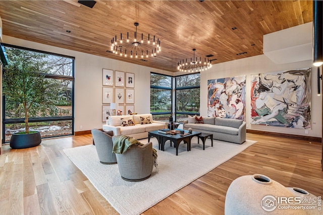 living room featuring light wood-type flooring, wood ceiling, and a wealth of natural light