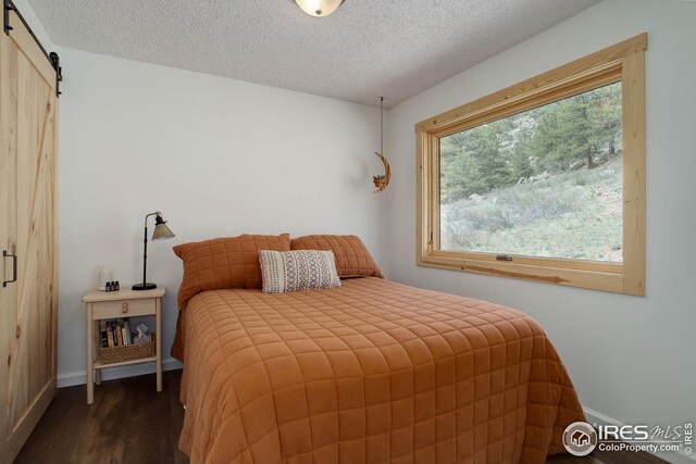 bedroom featuring baseboards, a textured ceiling, dark wood-type flooring, and a barn door