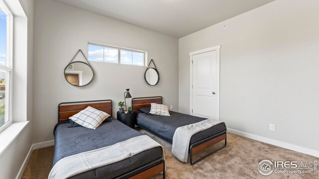 carpeted bedroom featuring multiple windows