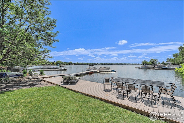 view of dock featuring a yard and a water view