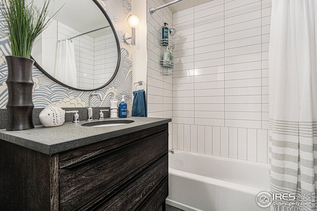 full bathroom with shower / bath combo with shower curtain and vanity