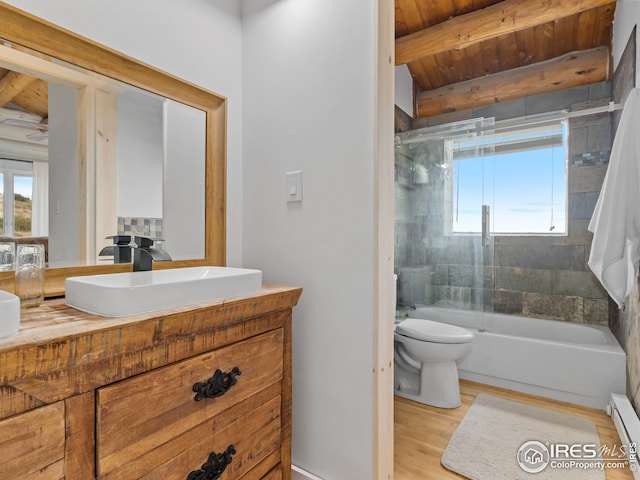 full bathroom with toilet, vanity, wood-type flooring, beam ceiling, and a baseboard heating unit