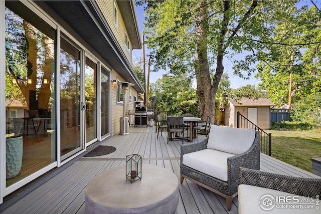 2870 18th St, Boulder, CO 80304 - wooden terrace featuring a storage shed