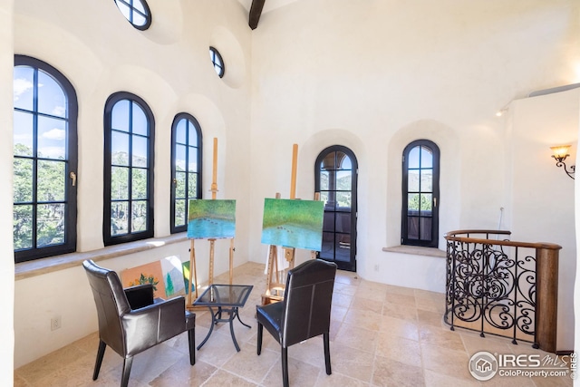 sitting room with a high ceiling and a healthy amount of sunlight