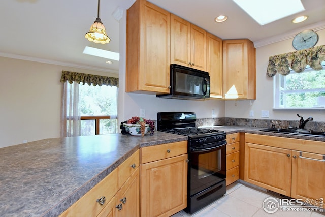 kitchen with crown molding, a skylight, black appliances, and light tile patterned flooring