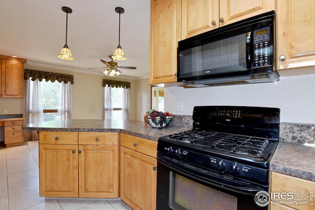 kitchen with ornamental molding, light tile patterned flooring, kitchen peninsula, and black appliances