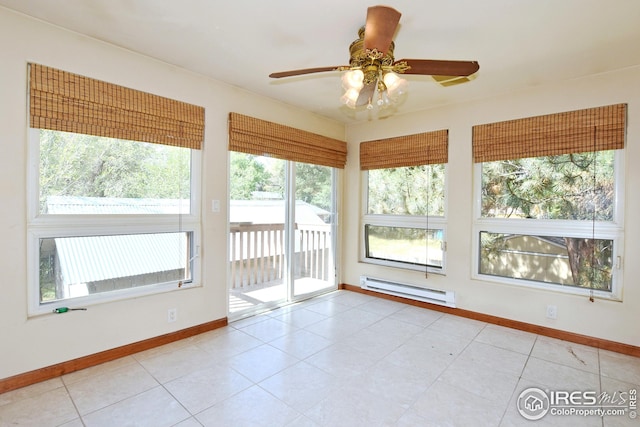 unfurnished sunroom featuring ceiling fan and baseboard heating