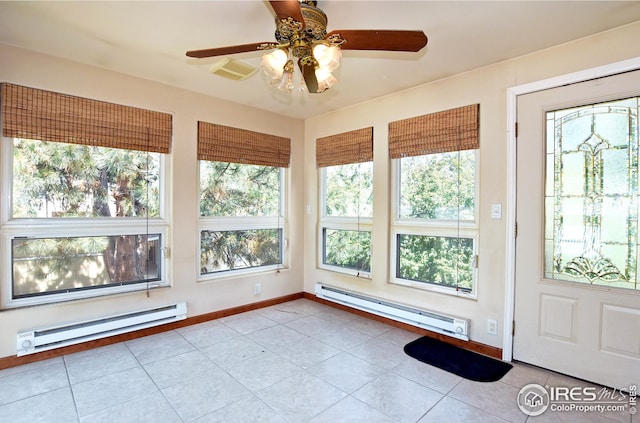 unfurnished sunroom featuring ceiling fan and baseboard heating