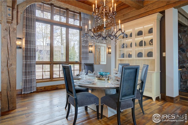 300 Samaia Ct, Tabernash, CO 80478 - dining room featuring a chandelier, beamed ceiling, hardwood / wood-style flooring, and a healthy amount of sunlight