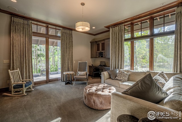 300 Samaia Ct, Tabernash, CO 80478 - living area featuring carpet floors, crown molding, and recessed lighting