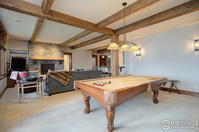 300 Samaia Ct, Tabernash, CO 80478 - rec room featuring light carpet, a fireplace, and beamed ceiling