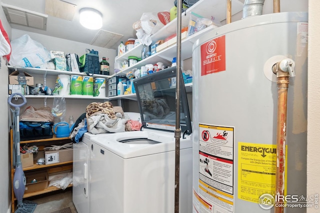 laundry area with gas water heater and washing machine and clothes dryer