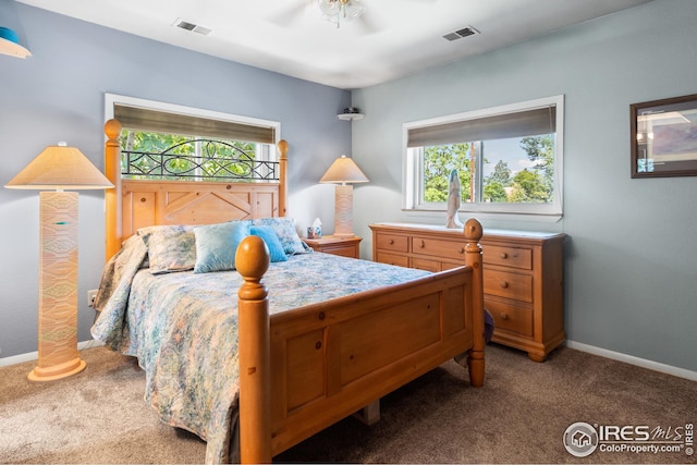 bedroom featuring carpet, multiple windows, and ceiling fan