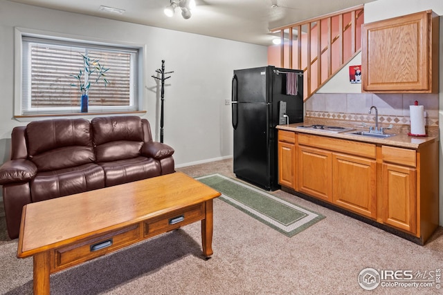 interior space with light carpet and sink