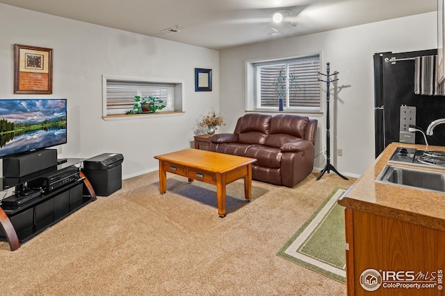 living room with light carpet and sink