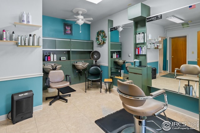 tiled office with ceiling fan