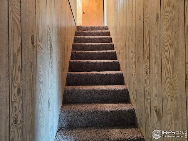 stairs featuring wooden walls