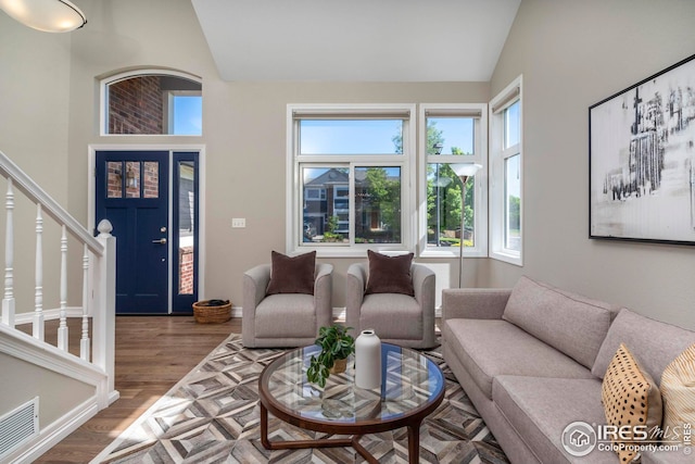 living room with wood-type flooring and lofted ceiling