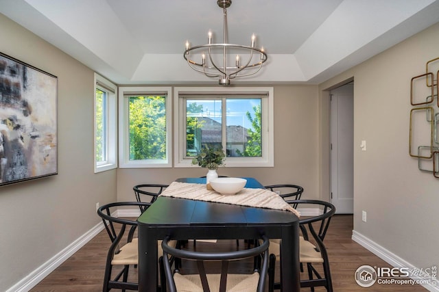 dining area with a tray ceiling, plenty of natural light, and dark wood-type flooring