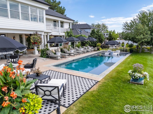 view of pool with a patio and a yard