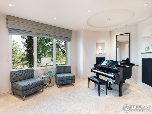 living area with plenty of natural light and light carpet