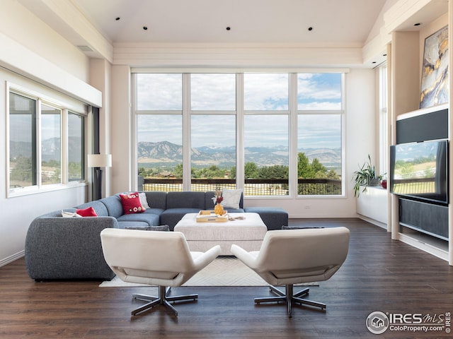 living room with dark hardwood / wood-style flooring