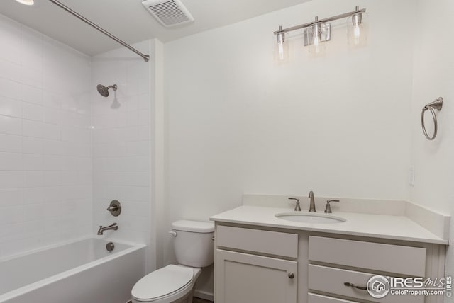 full bathroom featuring toilet, shower / bathing tub combination, vanity, and visible vents