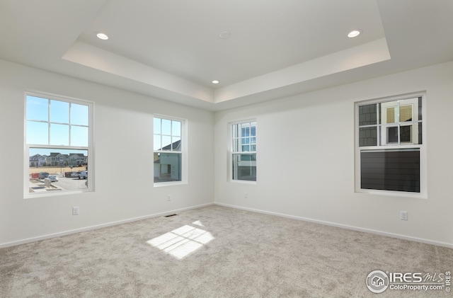 empty room with baseboards, a tray ceiling, and carpet flooring