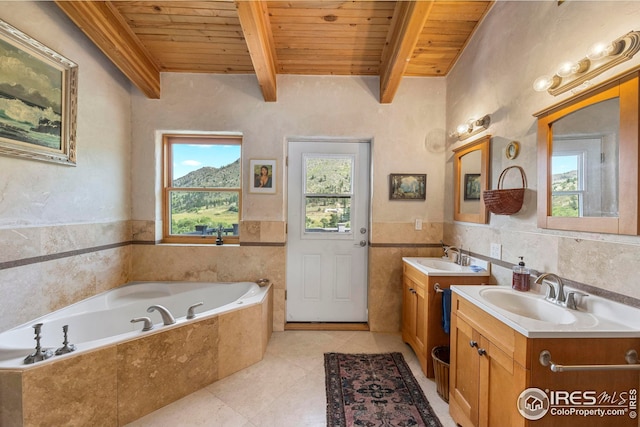 bathroom with wooden ceiling, a sink, and a bath