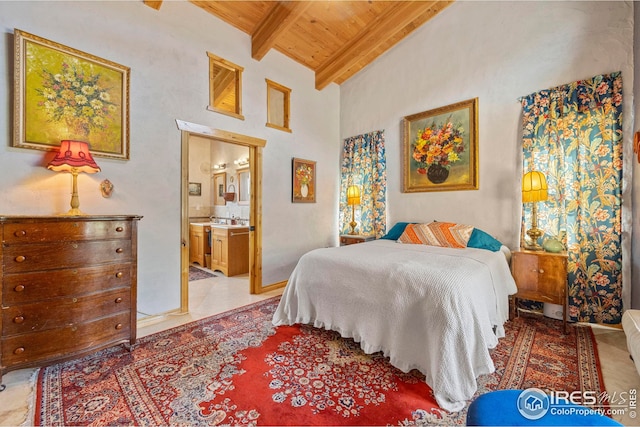 bedroom featuring high vaulted ceiling, a sink, wood ceiling, beam ceiling, and ensuite bath