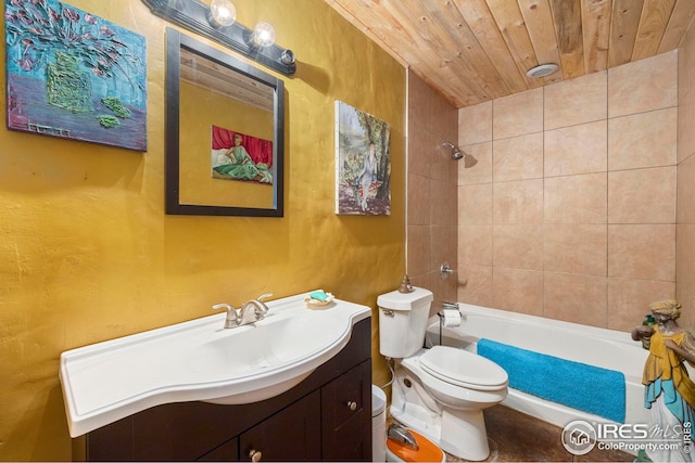 full bath with wood ceiling, bathtub / shower combination, vanity, and toilet