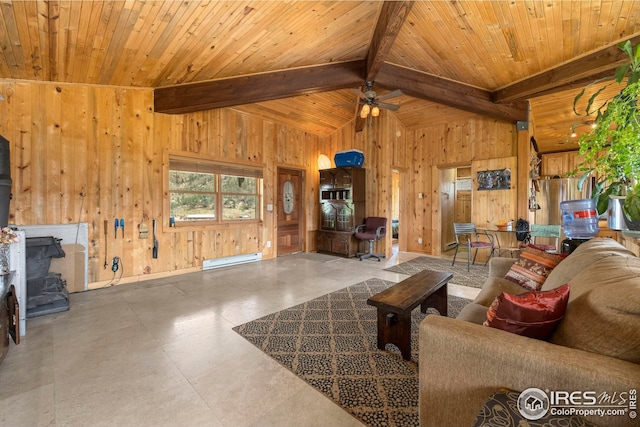 living area with lofted ceiling with beams, wood ceiling, wooden walls, and baseboard heating