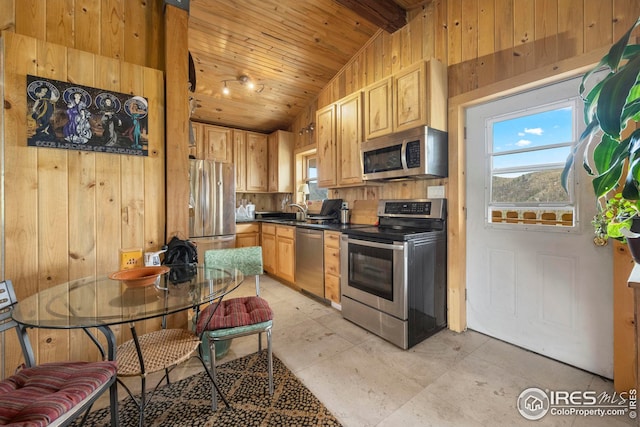 kitchen with light brown cabinets, stainless steel appliances, wood ceiling, vaulted ceiling, and dark countertops