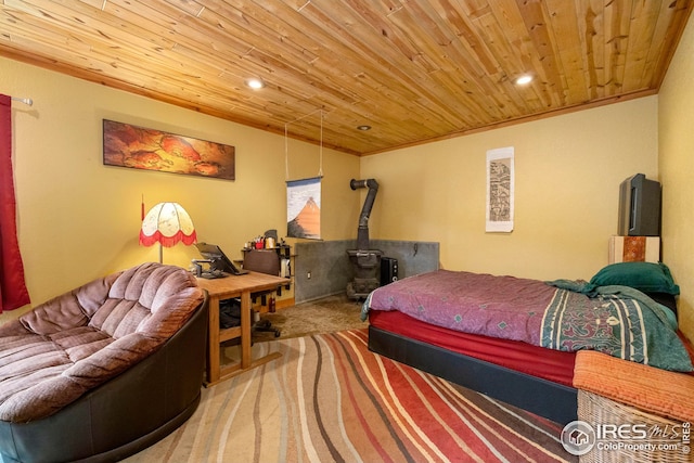 carpeted bedroom with recessed lighting, wood ceiling, crown molding, and a wood stove