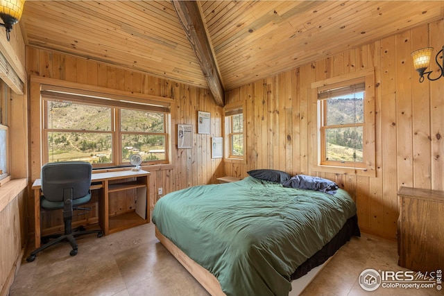 bedroom with beamed ceiling, wood walls, multiple windows, and wood ceiling