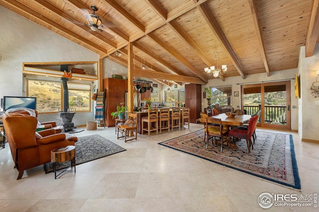 dining room with a chandelier, high vaulted ceiling, beamed ceiling, and wood ceiling