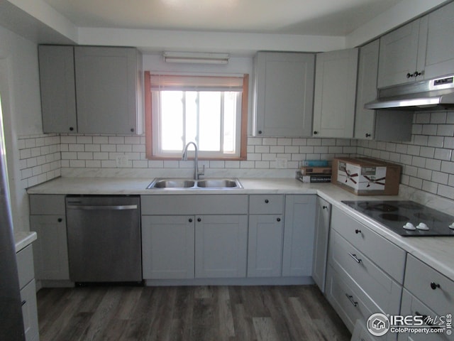 kitchen with sink, stainless steel dishwasher, backsplash, and dark wood-type flooring