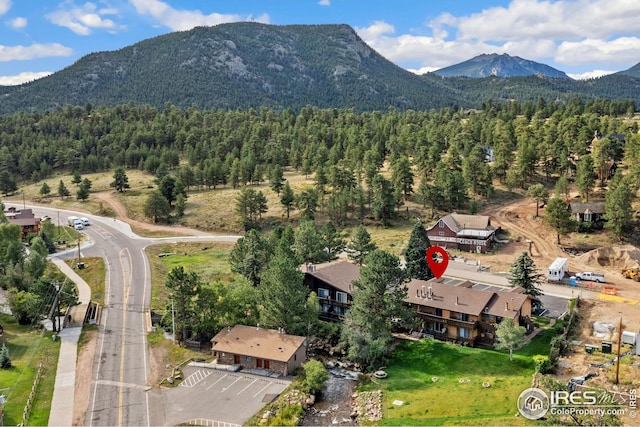 drone / aerial view featuring a mountain view