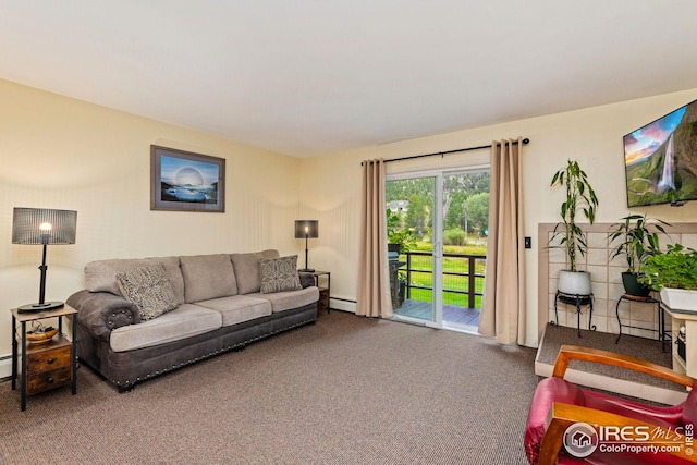 living room featuring carpet floors and a baseboard heating unit