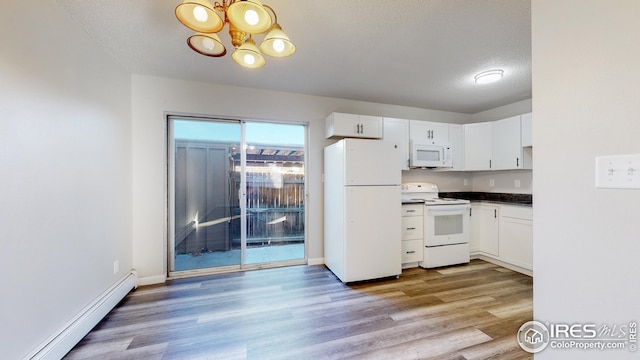 kitchen with white cabinetry, a baseboard radiator, white appliances, and light hardwood / wood-style floors