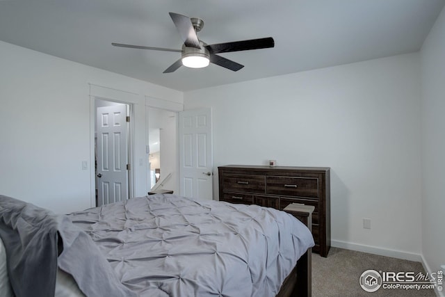 bedroom featuring ceiling fan and light colored carpet