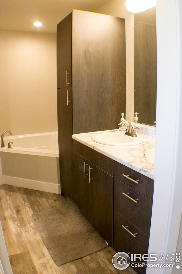 bathroom with vanity, hardwood / wood-style flooring, and a bathtub