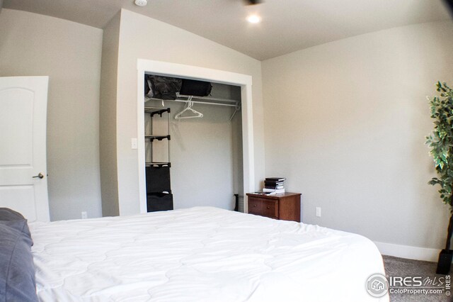 carpeted bedroom featuring vaulted ceiling and a closet