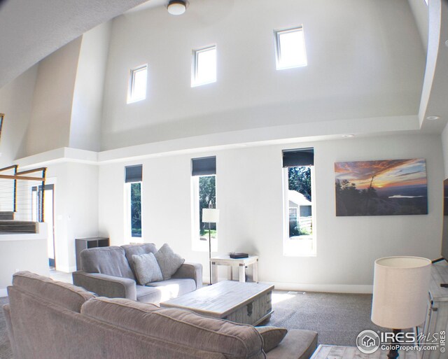 living room featuring carpet and a towering ceiling