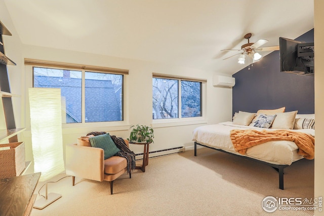 bedroom featuring a baseboard radiator, a wall mounted air conditioner, carpet flooring, and multiple windows